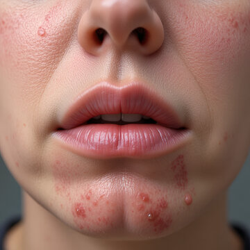 Close-up portrait of a person with visible mouth ulcers and skin lesions caused by the autoimmune disorder pemphigus vulgaris