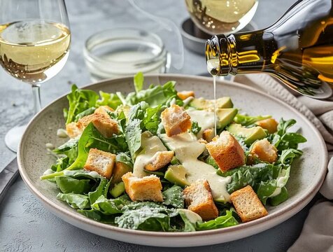Chef pouring dressing on fresh caesar salad with croutons and avocado