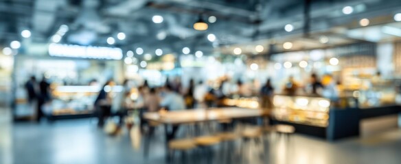 Obraz premium The food court alive with blurred diners, warm bokeh lights, and modern ambience