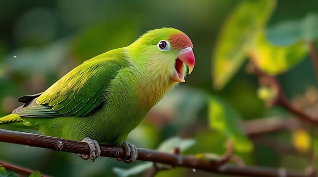 Close-up shot of a vibrant green lovebird with its beak open, perched on a branch amidst lush foliage