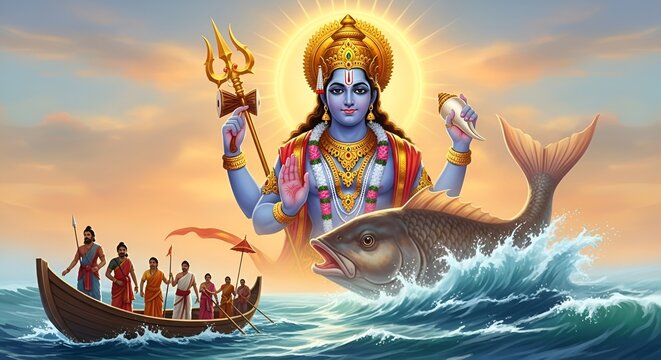 Divine Matsya Avatar Guiding Ornate Boat of Sages in Hindu Mythological Scene. Matsya Avatar of Vishnu &ndash; Divine Fish Incarnation Guiding Sages on Sacred Boat