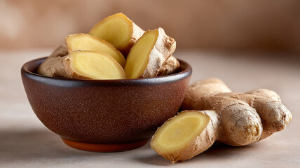 Fresh sliced ginger in brown ceramic bowl on kitchen counter