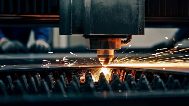 plasma cutter sparks cutting metal on CNC bed, closeup of nozzle and molten groove, hightemperature glow and flying particles, industrial workshop atmosphere, automated cutting process