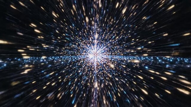 Bright lights form patterns on a dark background in this visual display of technology and creativity in a digital space