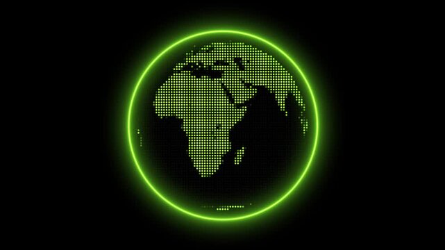 Green Dotted Earth Globe Surrounded by a Neon Green Ring on animated Black Background planet, Wire frame globe with green continents and streaks of light on dark background.
