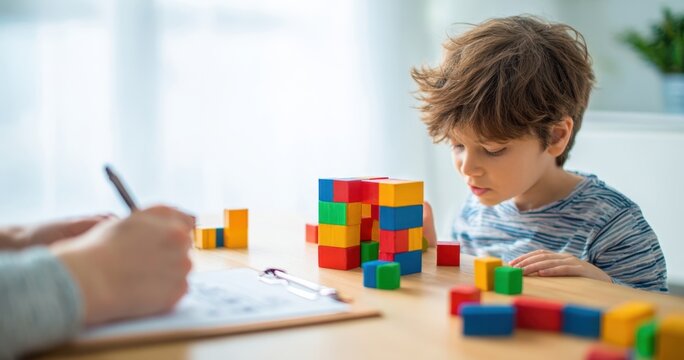 The boy concentrating on colorful wooden blocks during a developmental play assessment session