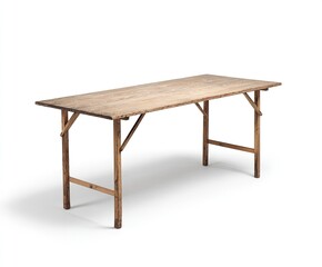 Rustic, weathered wooden plank table with foldable legs on a white background