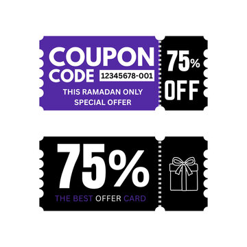 Ramadan Special Offer Coupon 75% Off Discount Voucher, Purple and Black Promotion Card with Gift Icon for Islamic Holiday
