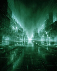 Naklejka premium Futuristic Cyberpunk Green Cityscape in Digital Matrix Style, Glowing Emerald Virtual Reality Urban Architecture with Data Streams, High-Tech Cyberspace Information Network and Grid Background