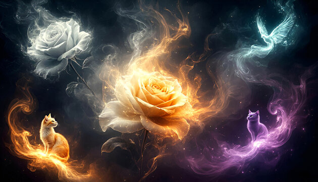 Fantastic rose cat pigeon fire in the sky, abstract fire background