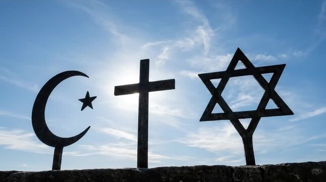 Interfaith Harmony: Silhouettes of Crescent, Christian Cross, and Star of David Against a Bright Blue Sky, Symbolizing Religious Coexistence and Unity