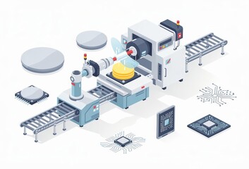 Obraz premium Advanced semiconductor manufacturing process featuring precision robotic arms and intricate chip designs in a sleek industrial environment promoting innovation