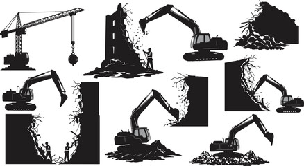 Building demolition silhouettes, excavator wrecking vector, rubble removal icons, black white graphic, construction teardown art, heavy machinery scene, structural collapse © Sharif's World