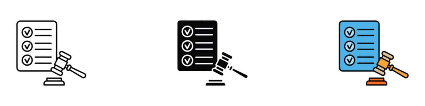 Legal compliance and judicial icon vector set. Gavel with checklist symbol for law enforcement, court justice, and regulatory agreement. Vector Illustration.