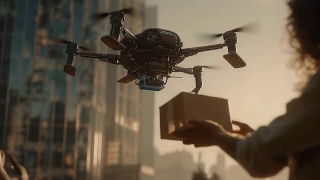 Close-up of futuristic drone delivering package to person in modern city with tall buildings and warm sunlight