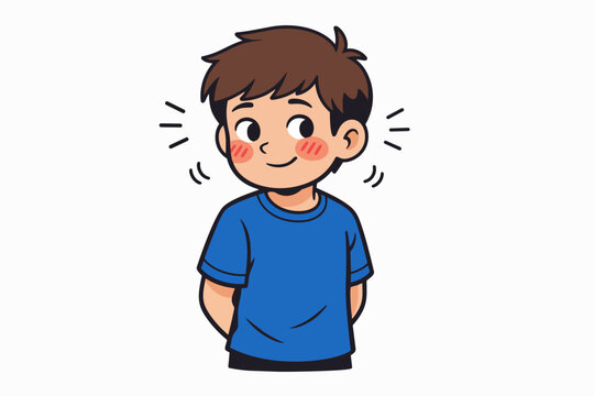 Shy boy blushing a cute smile, feeling bashful and embarrassed
