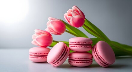 Fototapeta premium Pink macarons and tulips still life