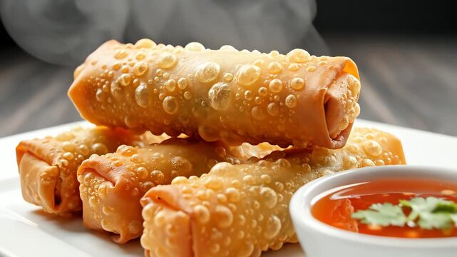 Close up of golden egg rolls on a white plate with dipping sauce