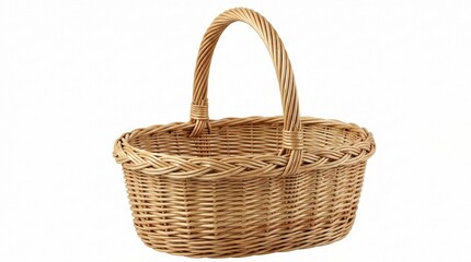 Obraz premium A handcrafted wicker basket with a sturdy handle, perfect for picnics and carrying items. It is designed to be elegant and practical.