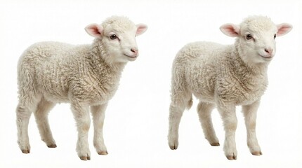 Fototapeta premium Two adorable lambs standing side by side, looking cute and fluffy. Their wooly coats and innocent eyes are captivating. A heartwarming scene of innocence and gentleness. 