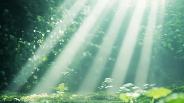 Lush green moss and young plants thrive on the forest floor, gently illuminated by ethereal sun rays filtering through the dense canopy, creating a scene of peaceful natural growth