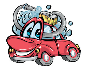 Cute, happy red car cartoon character mascot for a car wash logo, vector illustration