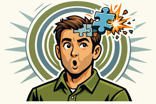 Man experiencing a sudden eureka moment with puzzle piece exploding from head