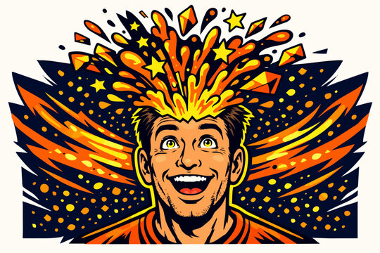 Man feeling sudden creative burst with ideas exploding from his head