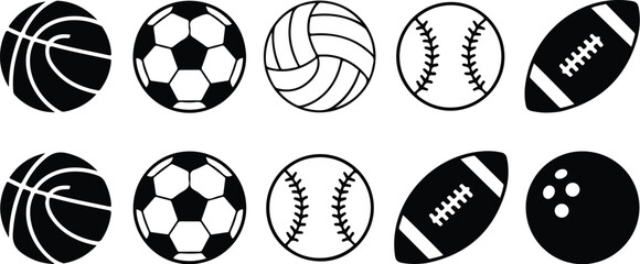 Collection of various sport balls icons including basketball soccer volleyball baseball american football and bowling © Md