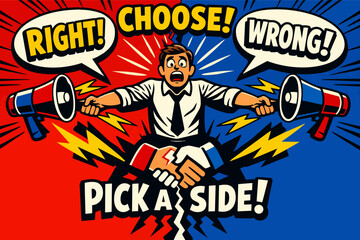 Man overwhelmed by conflicting opinions, choosing between right and wrong