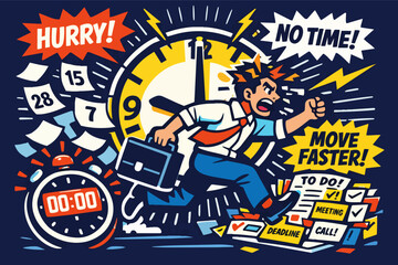 Fototapeta premium Stressed businessman running against clock for approaching deadline and urgent tasks