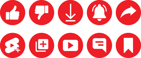 Fototapeta premium Collection of red circular social media icons including like dislike download bell share shorts add play button and bookmark symbols for web and app design