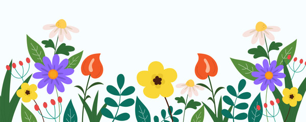 Obraz premium Horizontal banner with colorful flowers and leaves. Flat spring botanical vector illustration for wallpapers, banners, and posters