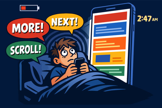 Young man doomscrolling in bed late at night, feeling tired and sleepless