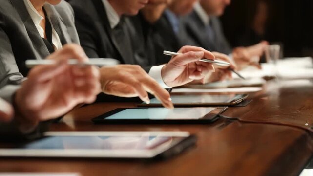 Closeup of legal experts analyzing digital statutes and judgments on tablets during focused legal research sessions.