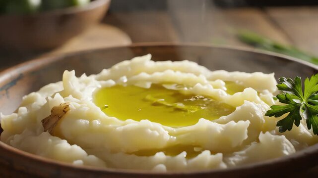 Close up of mashed potatoes with olive oil and garnish in a wooden bowl