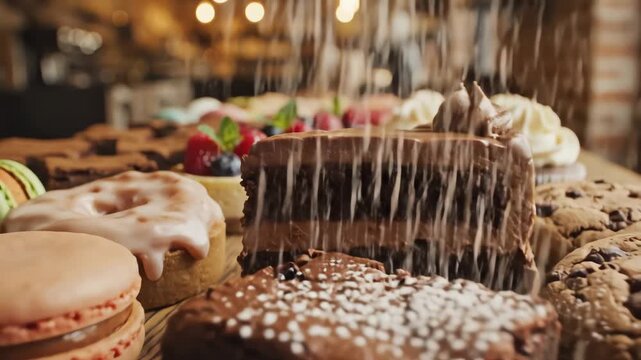 Close up view of various desserts displayed for sale