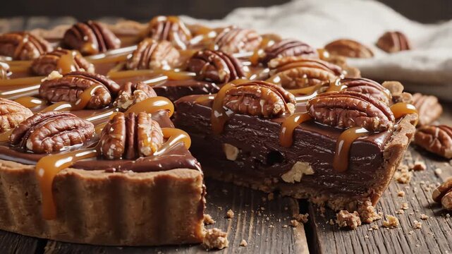 Delicious pecan pie with caramel drizzle close up shot on wooden table