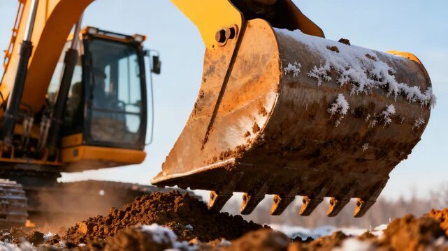 Excavator Bucket Digging Frozen Ground at Winter Construction Site