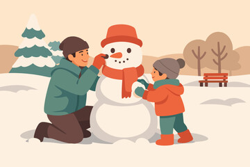 Father and son building snowman enjoying winter activity and family time