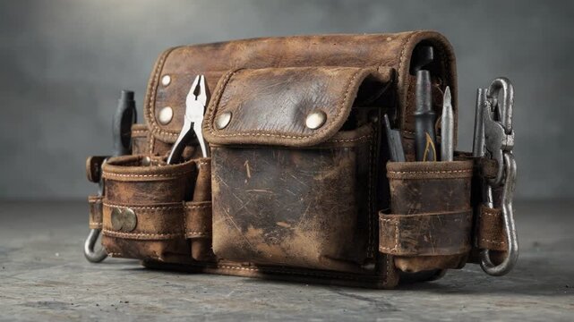Medium shot of rugged leather industrial safety pouches designed for linemen featuring reinforced rivets and multiple compartments for secure tool storage on elevated work sites.