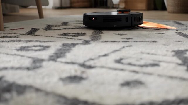 Closeup of a robotic carpet cleaner with sensors actively identifying dirt spots on a textured rug demonstrating smart autonomous cleaning technology.