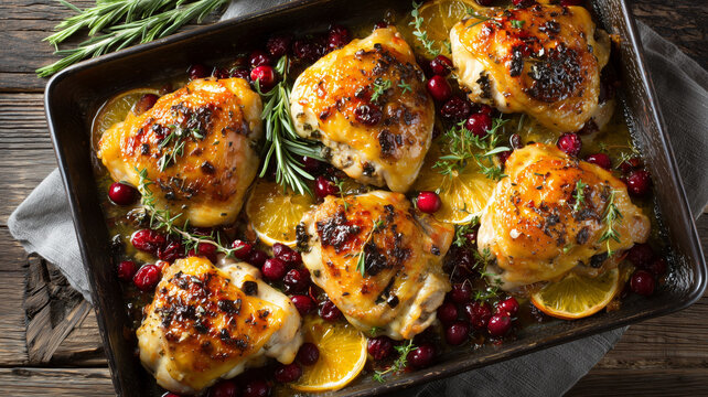 Roasted chicken thighs with orange, cranberry and spicy herbs in a pan
