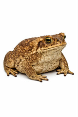 Fototapeta premium Brown toad amphibian isolated on white background with detailed warty skin texture for wildlife education nature research herpetology field guide ecology conservation and pest control