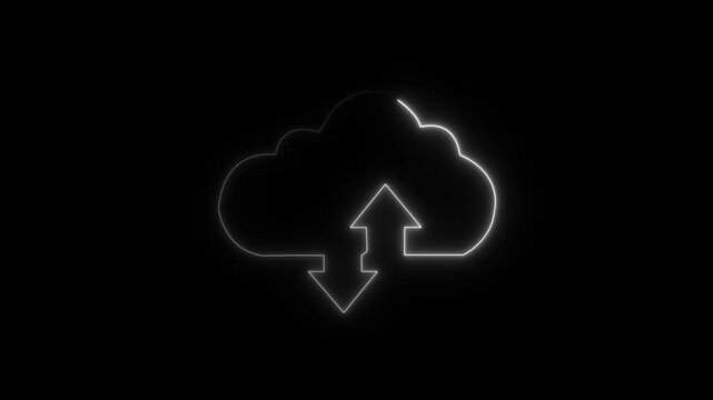 Cloud computing glowing neon Downloading icon animation on black background