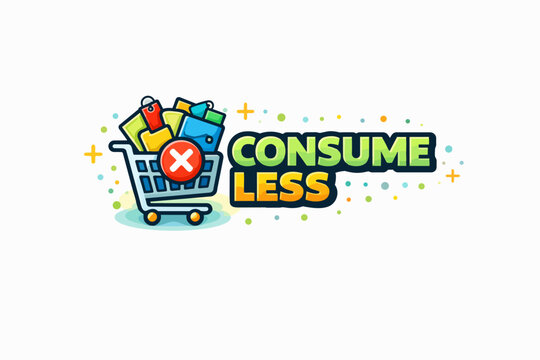 Shopping cart full of items with a red x symbol and consume less text