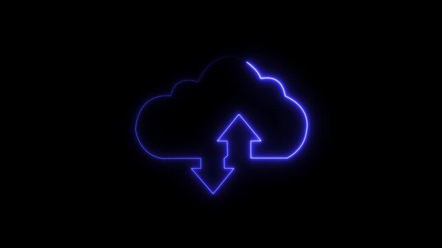 Cloud computing glowing neon Downloading icon animation on black background