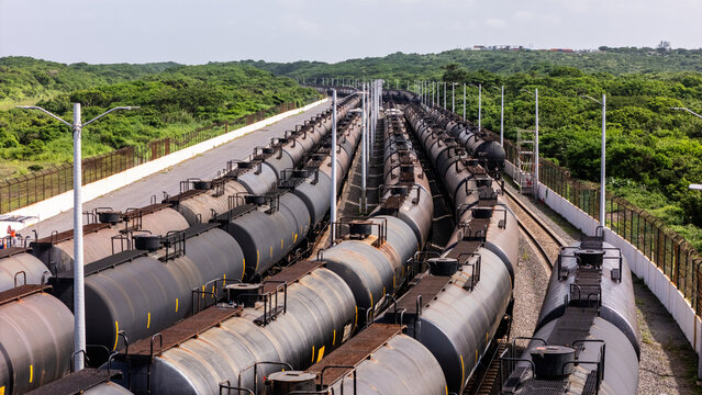 Oil tanker railcars lined up on tracks beside lush green vegetation, industrial fuel transport and logistics corridor.
