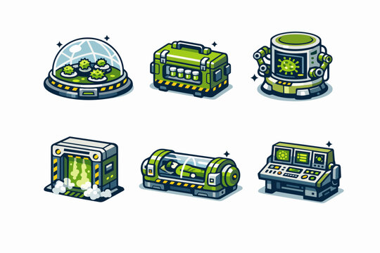 Scientific laboratory equipment set for biology and virus research in vector style
