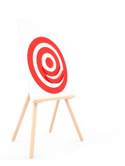 A 3D rendering of a red and white target board mounted on a light wooden tripod stand.Transparent background.